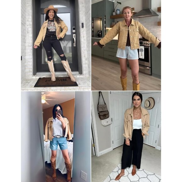 Women's Khaki Studded Cropped Jean Jacket Western Distressed Denim Coat Outdoor - Picture 5 of 6